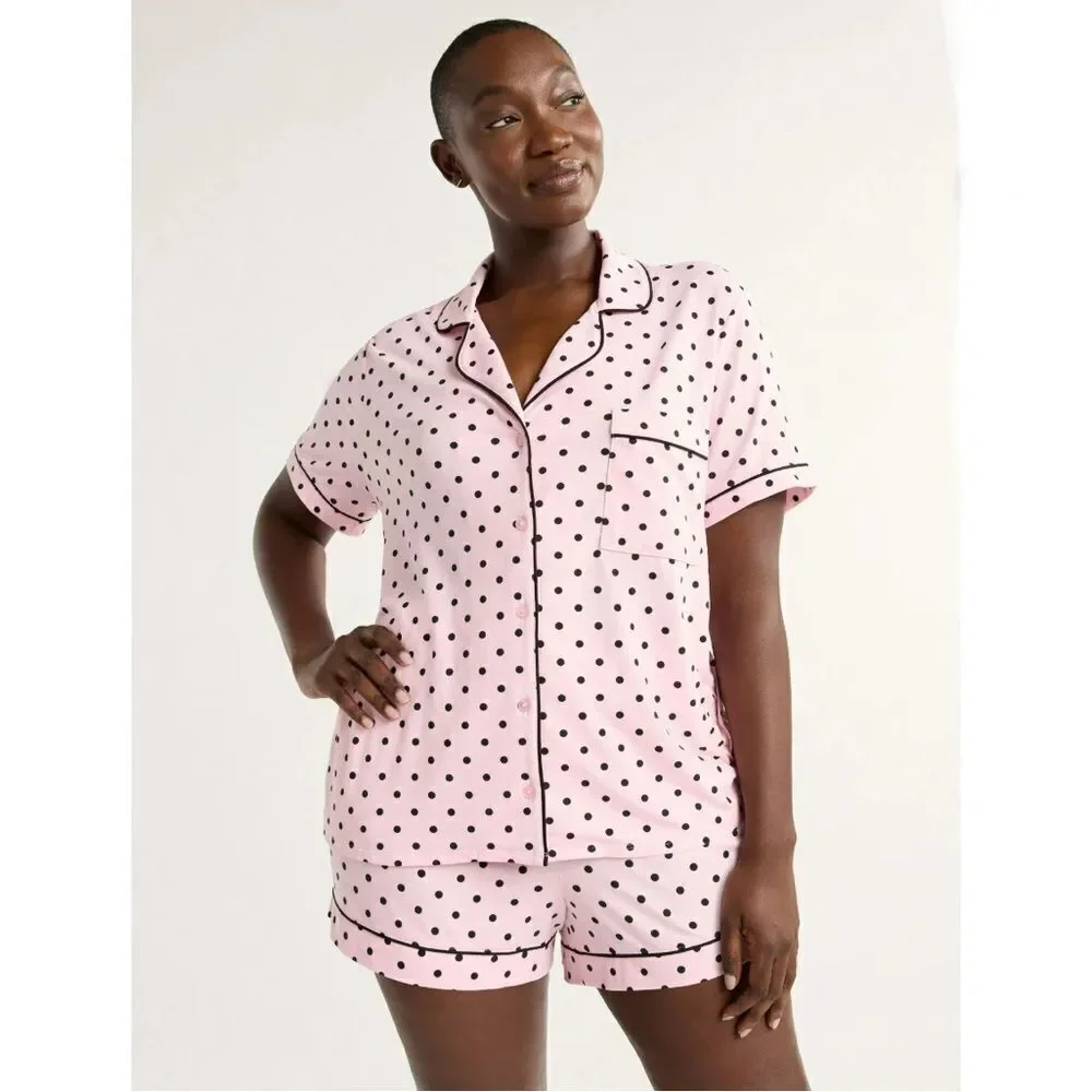 Dreamy Soft Short Sleeve Knit Notch Collar Top & Shorts Pajama 2-Pc Set Size M